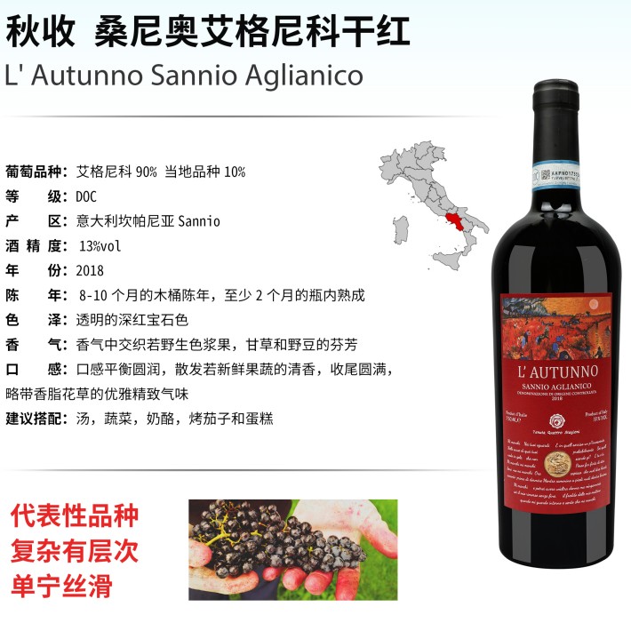 秋收 桑尼奥艾格尼科 ⼲红葡萄酒
